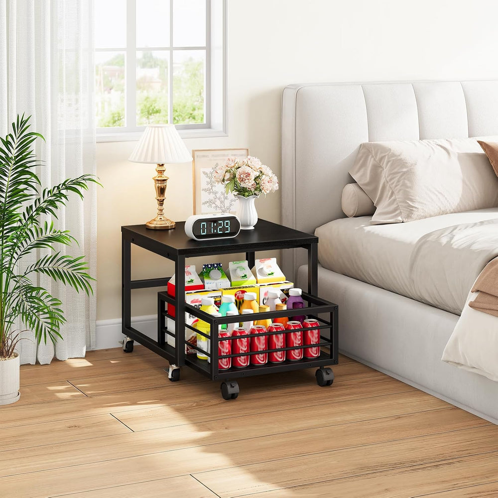 HOOBRO End Table, Mini Fridge Stand with Storage, Mini Fridge Table with Whee...
