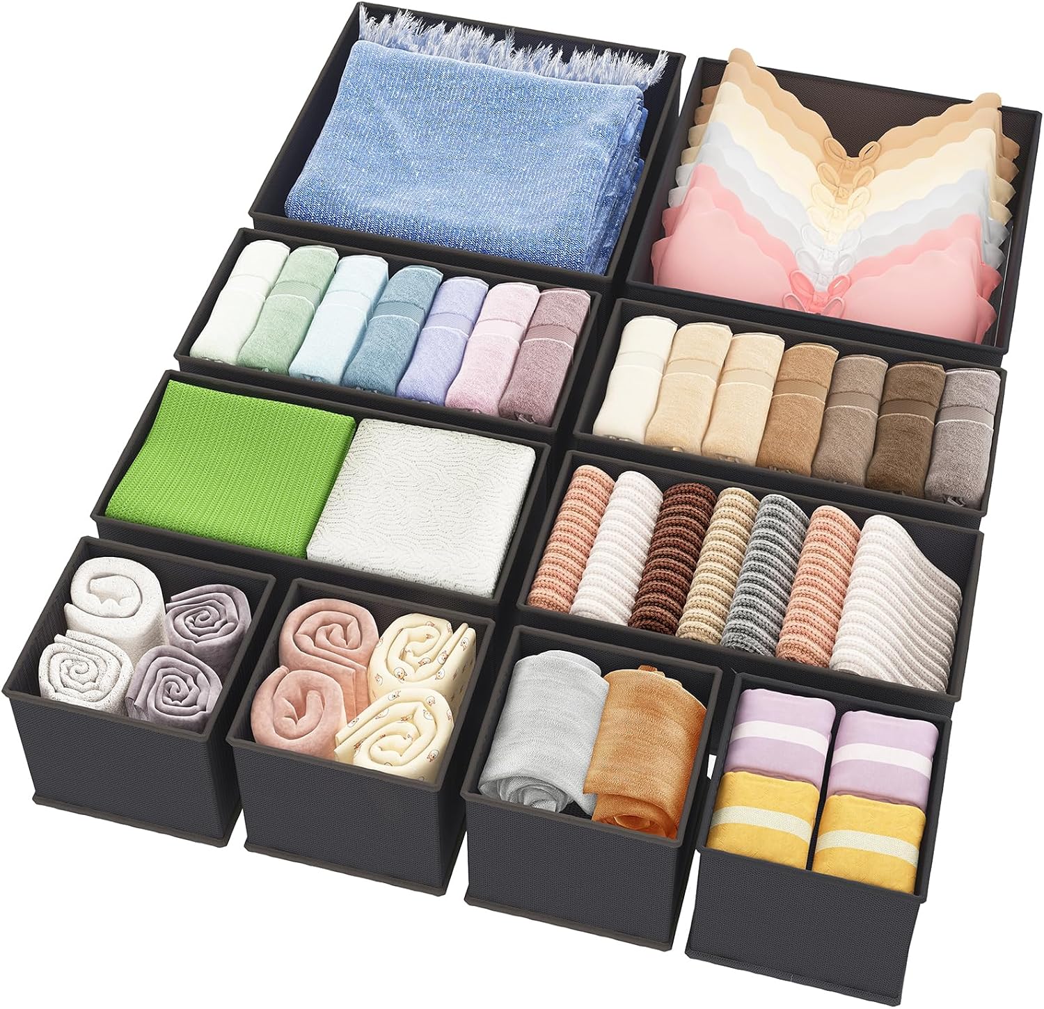 Fixwal 10 Pack Underwear Drawer Organizer for Nursery, Bedroom, Closet - Storage for Baby Clothes, Socks, Bra, Scarves, Ties (Grey)