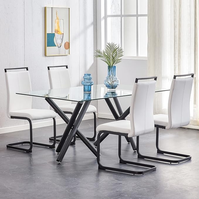 AZmac Modern Leather Dining Chairs Set of 2,Armless Kitchen Chairs,Dining Room Chairs with Upholstered Padded Seat and Sturdy Chrome Legs for Dining Room,Kitchen (Set of 2, White-Black Leg)