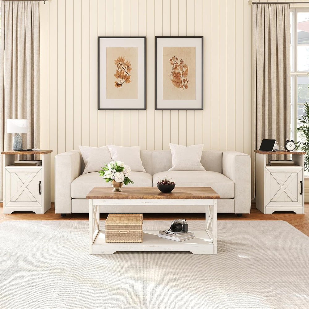 AMERLIFE 3 Piece Farmhouse Living Room Coffee Table Set, Distressed White | C...
