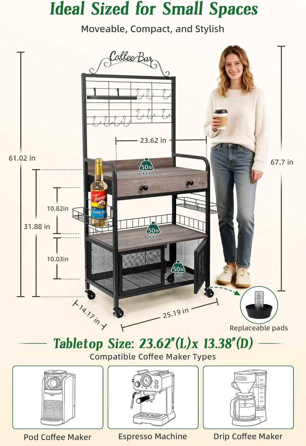 Coffee Bar Cabinet with Storage, Coffee Cart with Wheels, Coffee Station with...