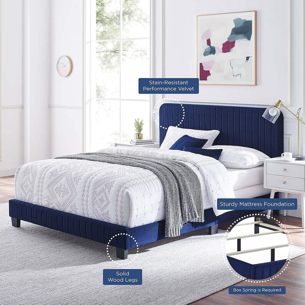 Tufted Platform Bed Frame, King Size, Velvet, Blue Navy, Modern Contemporary,...