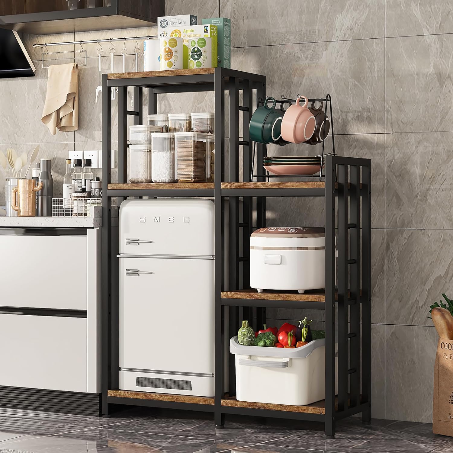 6-Tier Kitchen Bakers Rack, Freestanding Mini Fridge Stand Height Adjustable Bakers Rack with Storage, Sturdy Microwave Stand with Storage, Mini Fridge, Coffee Bar for Living Room Rustic Brown