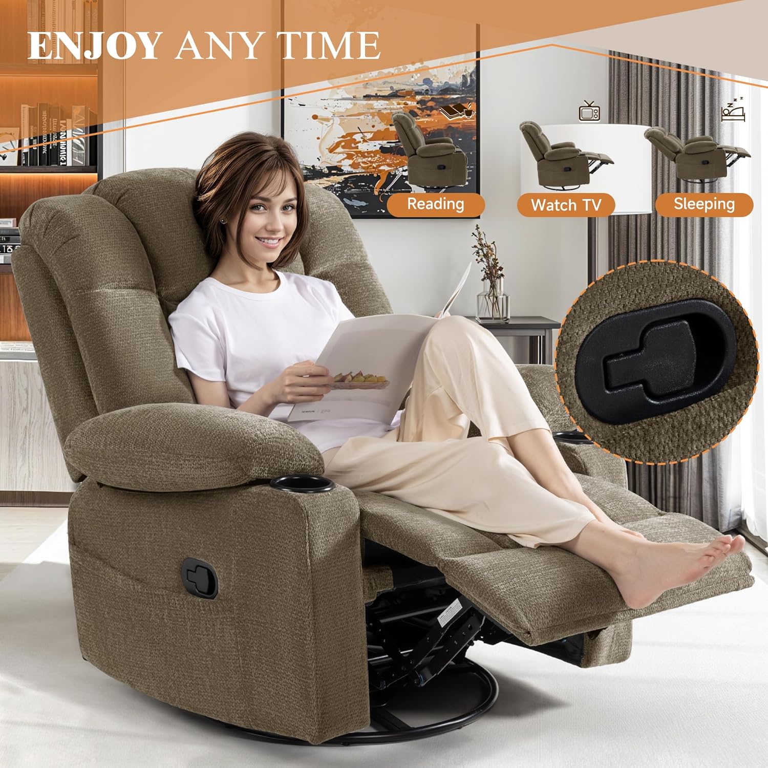Swivel Rocker Recliner Chair for Adults – Manual Glider Sofa with Massage, Heat & Vibration, 360° Rocking for Living Room or Nursery