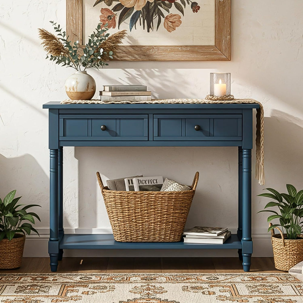 P PURLOVE Console Table Sideboard Wooden Sofa Table with 2 Drawers and Bottom...