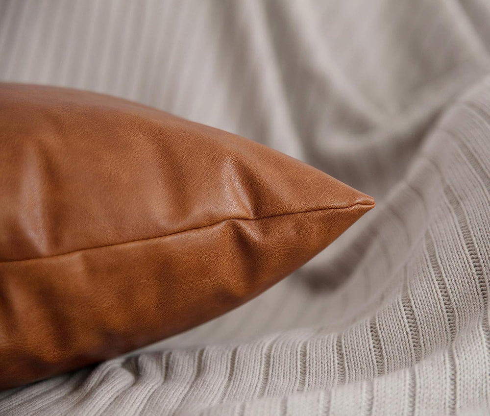 Faux Leather Throw Pillow Covers 22x22 inch, Set of 2 Thick Cognac Brown Mode...