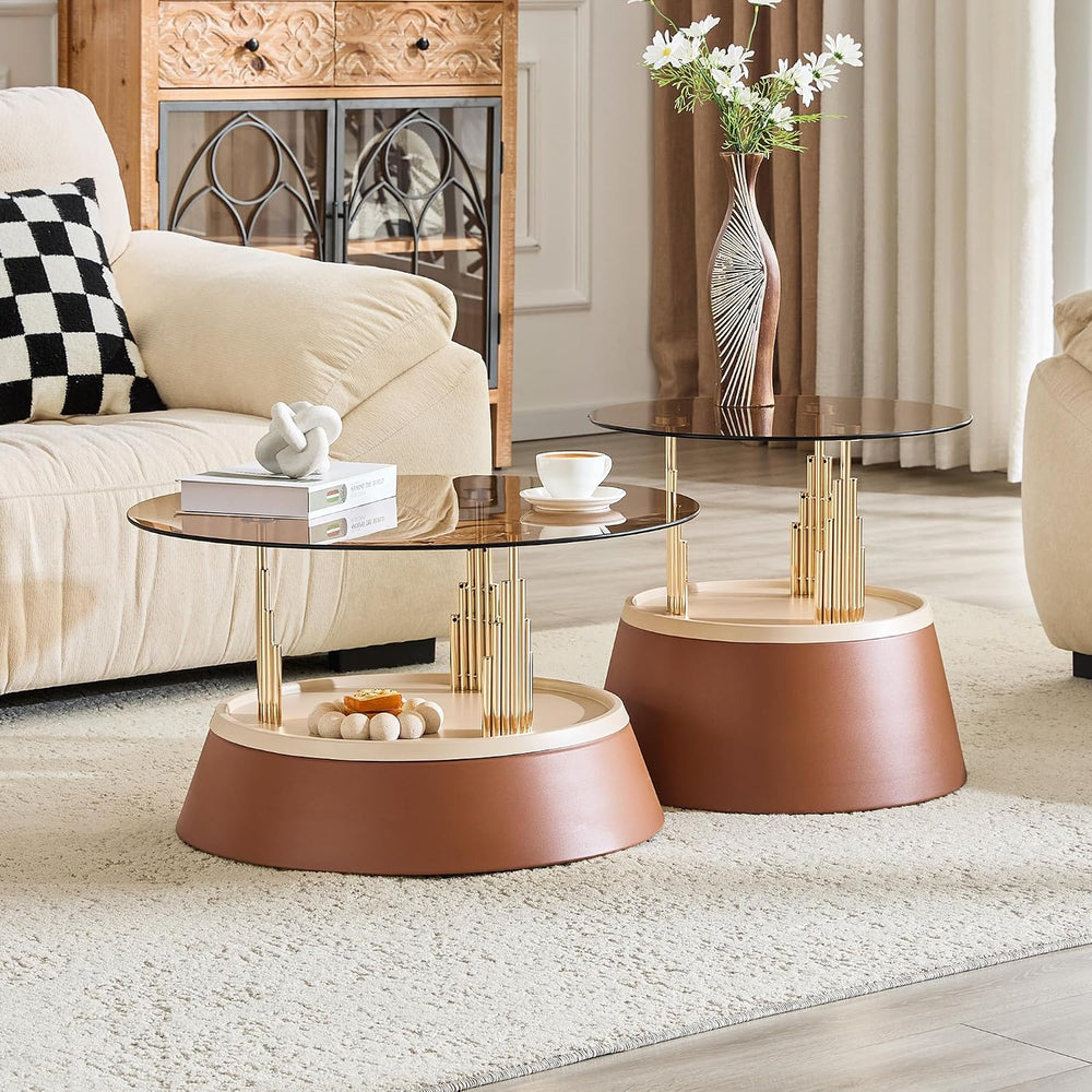 2-Piece Nesting Coffee Table Set, Brown and Gold Metal, Round Side Tables | N...
