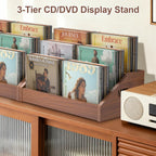3 Tier CD Holder,Wood CD Storage Rack,CD/DVD Display Stand | Holds 24 Jewel Cases,CD Organizer with Handles for CD DVD Cassettes Tapes,Rustic Brown for Home Office & Music Lovers