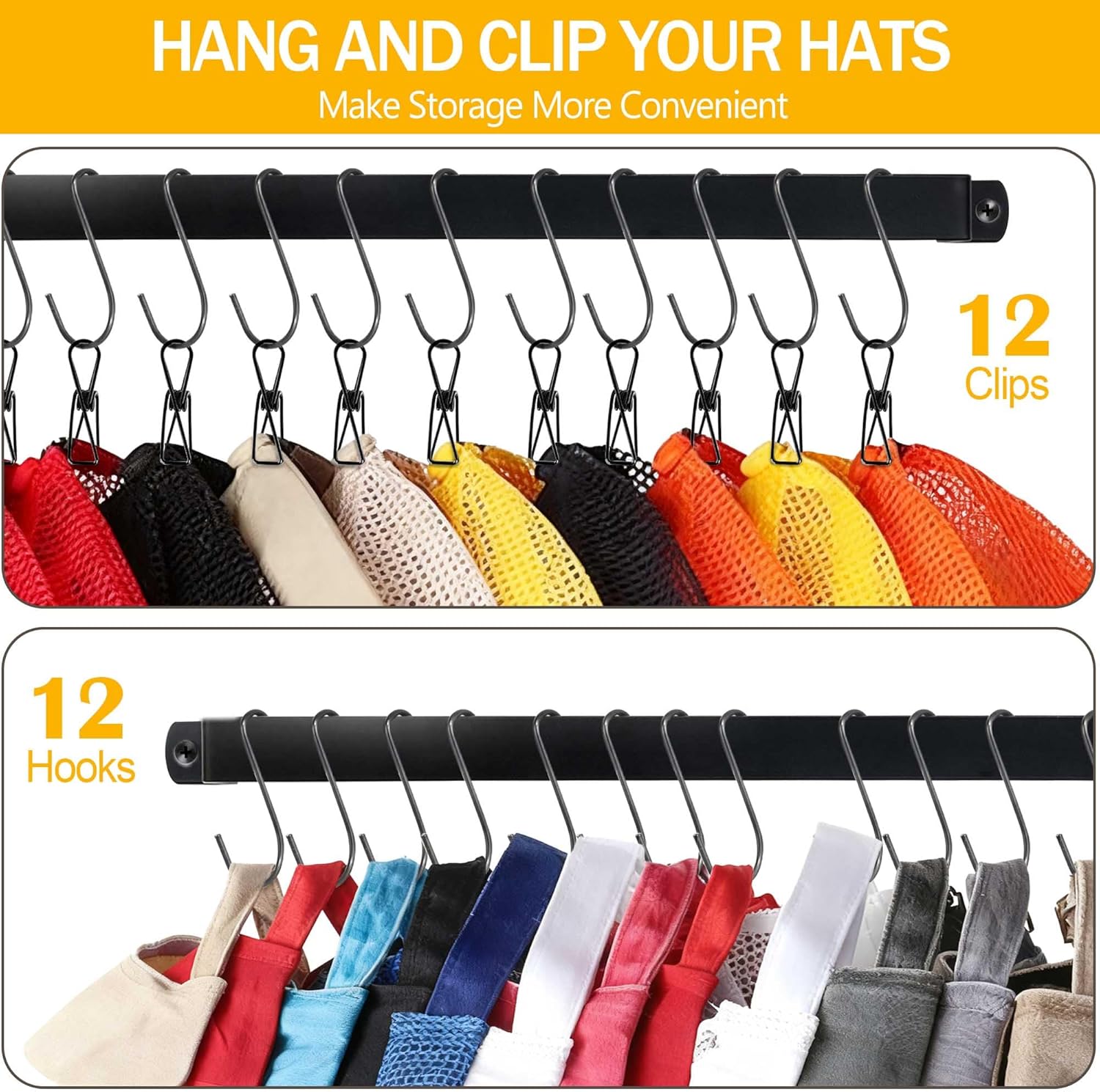 Hat Organizer Closet Organization Wall: 17 Inch Hat Holder with 12 Adjustable Stainless Steel Clips - Baseball Caps Organizer Fits All Caps - Tie Belt Hanger for Closet Storage Solution - 1 Pack