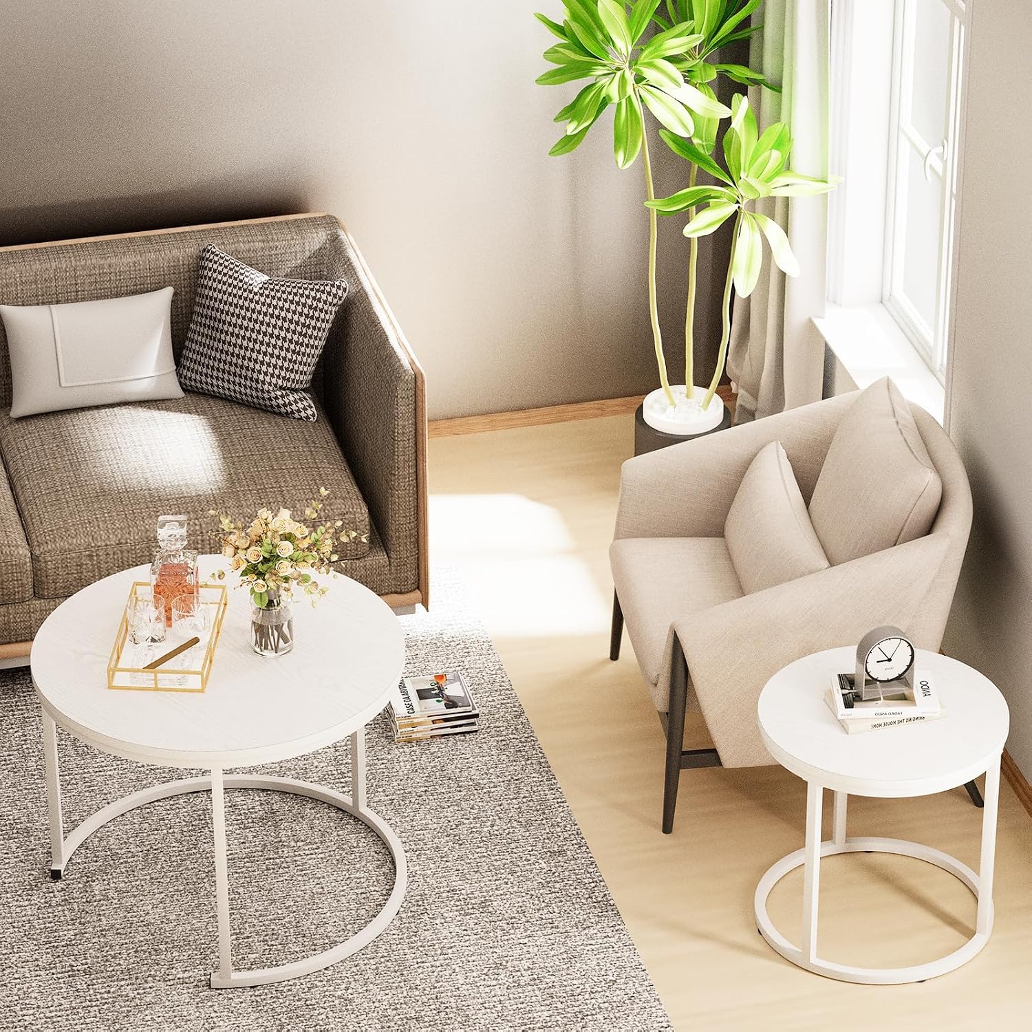 Garden 4 you Nesting Coffee Table, 23.6" Round Coffee Table Set of 2, Wooden Nesting Table Set with Metal Frame, Side Tables for Living Room Bedroom Balcony, White