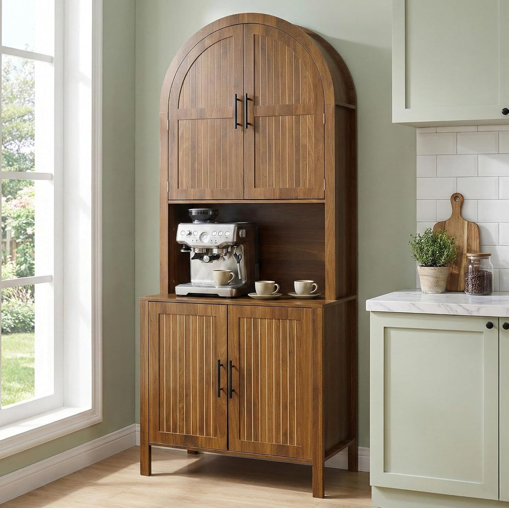 76" Tall Arched Kitchen Pantry,Large Storage Cupboard with Fluted Doors,...