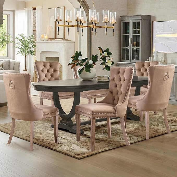 Velvet Upholstered Dining Chairs Set of 8, Modern Style Kitchen Side Chairs with Nailhead Trim and Wood Legs,Metal Pulling Ring for Dining Room Living Room(Khaki)