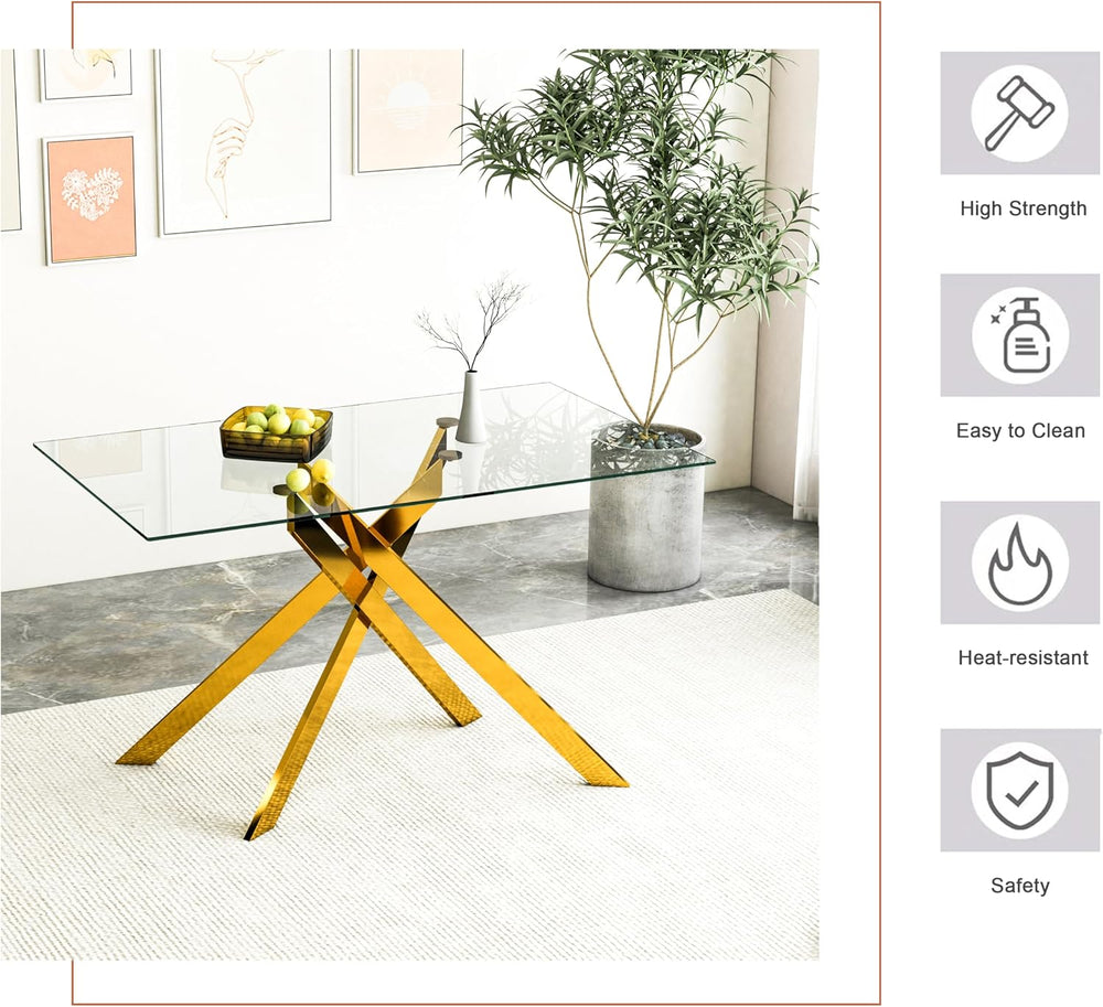 Gold Glass Dining Table for 4 Modern 51.2" Rectangular Kitchen Dining Ro...