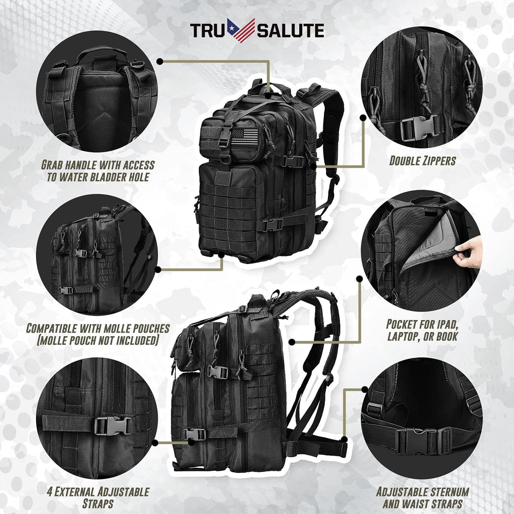 Tru Salute 45L Military Black Tactical Backpack Large Army 3 Day Pack Molle B...