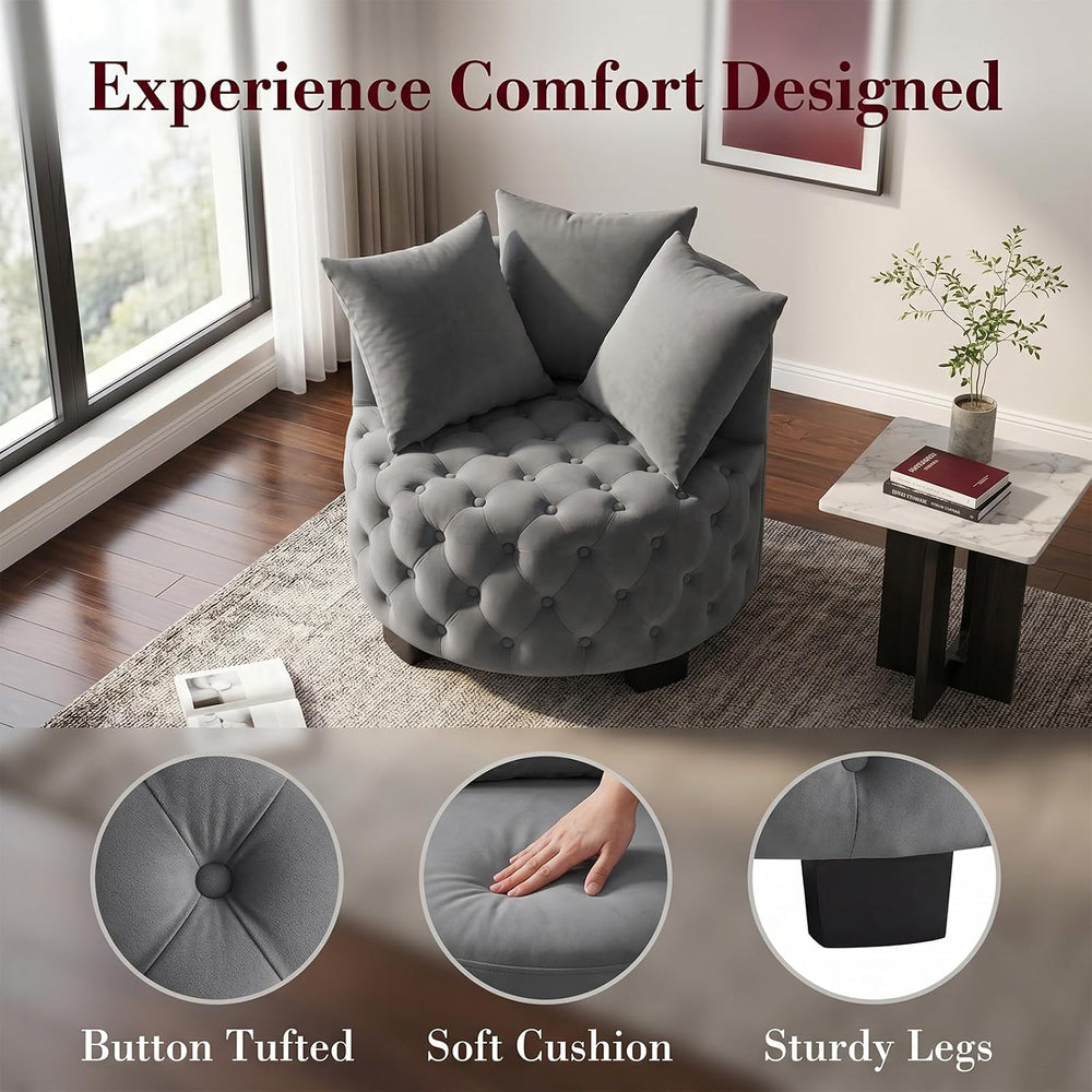 Upholstered Tufted Accent Barrel Chair with 3 Pillows, Contemporary Round Lou...