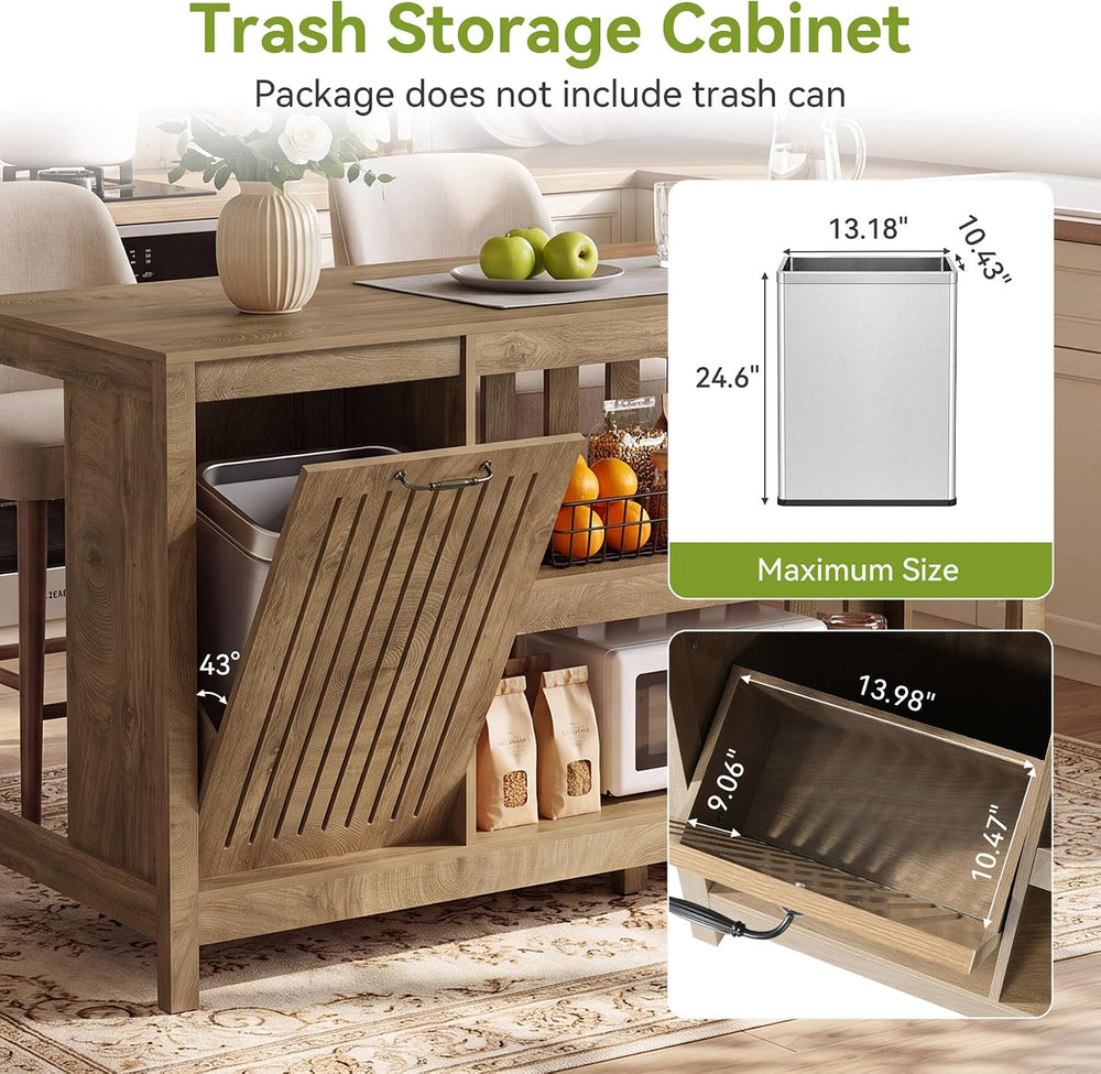 LITTLE TREE 55" Kitchen Island with Trash Can Storage, 3-Tier Island Tab...