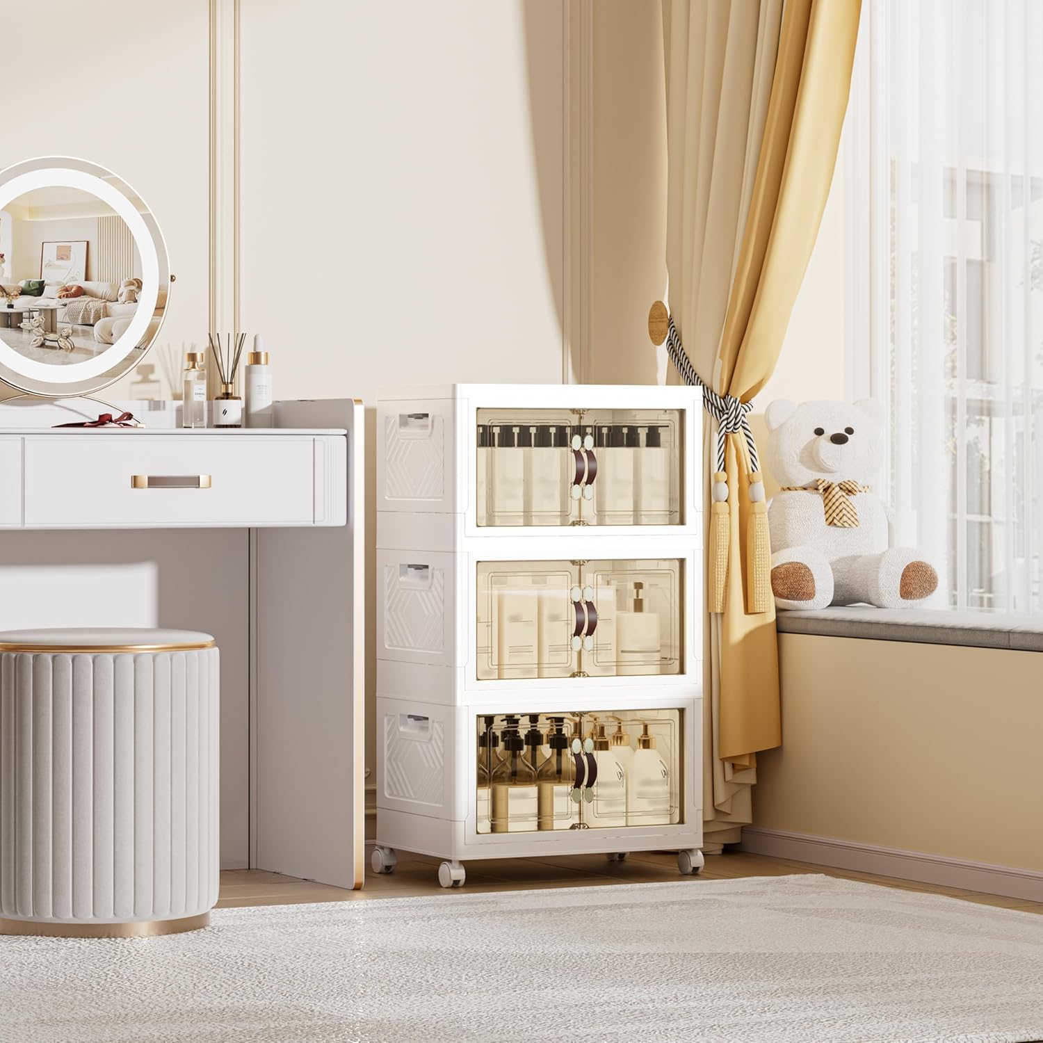 108 QT / 27 Gal Magnetic Double Door Cabinet with Wheels - Foldable Stackable Design, Leather Handles, Water Resistant Organizer for Bathroom, Kitchen