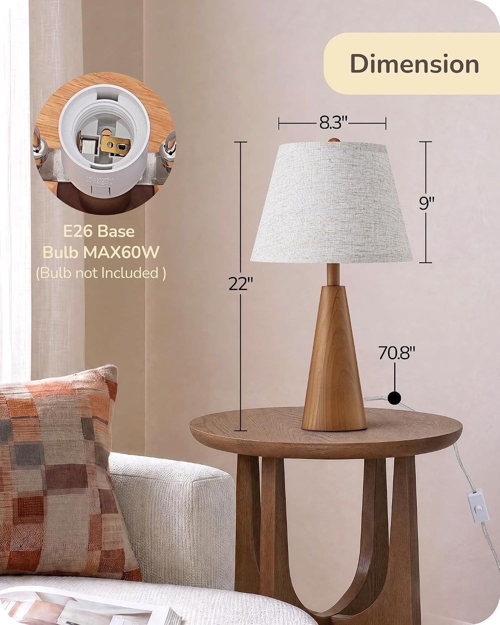 EDISHINE 22" Mid Century Table Lamp, Tapered Walnut Wood Base, E26 Socket