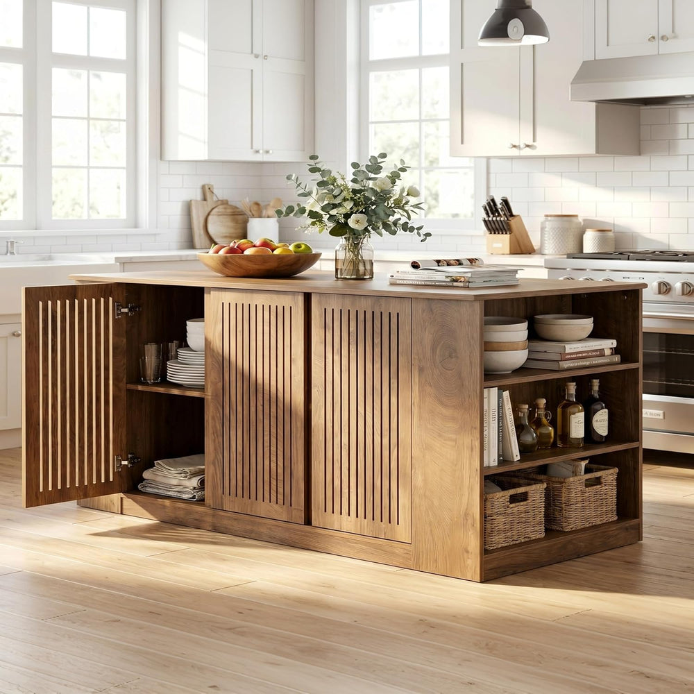 Tribesigns 71" Kitchen Island with Storage and Seating, Wooden Stationar...