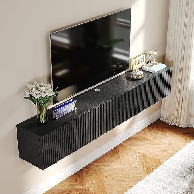 Floating TV Stand with 3 Doors, 63IN Wall Mounted TV Cabinet, Floating Media Console Entertainment Center with Storage, Under TV Shelf for Bedroom Living Room,Black