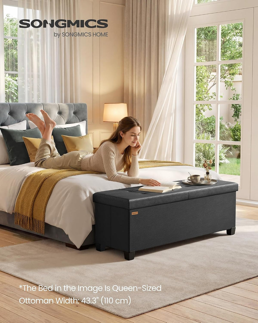 SONGMICS Storage Ottoman Bench with Legs, Flipping Lid, 43.3 Inches | Folding...