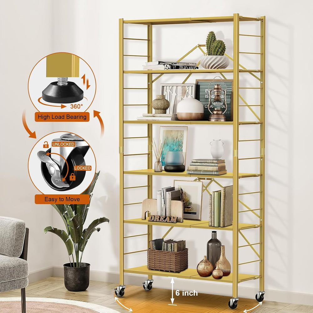 6-Tier Foldable Storage Shelves Expandable Shelf Wheels Gold 2-in-1