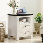Nightstand with Charging Station and USB Port, Farmhouse Side End Table with 2 Drawers and Open Shelf, Wood Rustic Sofa Table, Bedside Cabinet for Bedroom, Living Room, Closet, Office (White)