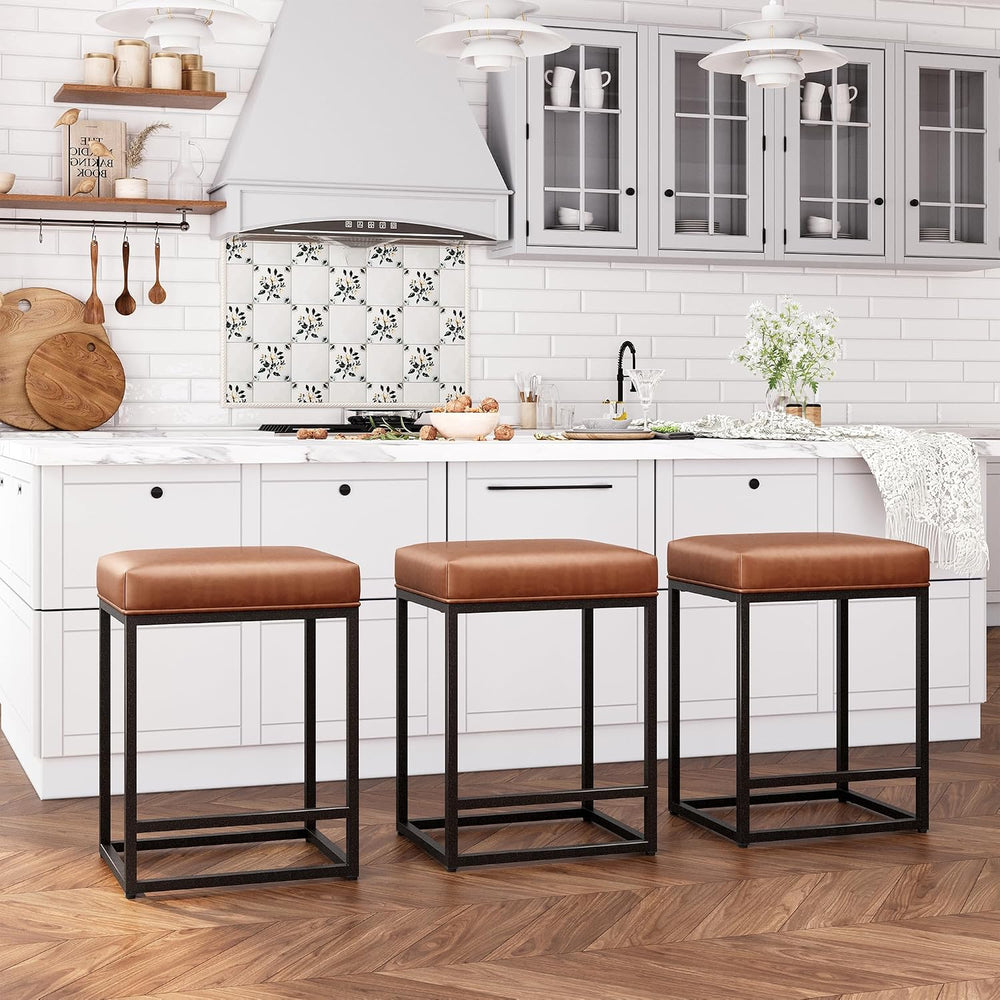 ALPHA HOME 24 Inch Counter Height Bar Stools Set of 3, Brown | Modern Barstoo...