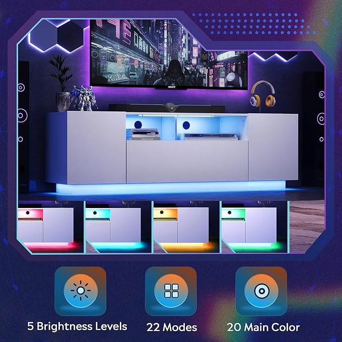 WLIVE Modern TV Stand for 65 Inch TV, Entertainment Center with LED Lights & Large Storage Cabinets, Sturdy Media Console for Living Room, Bedroom, Gaming(White)