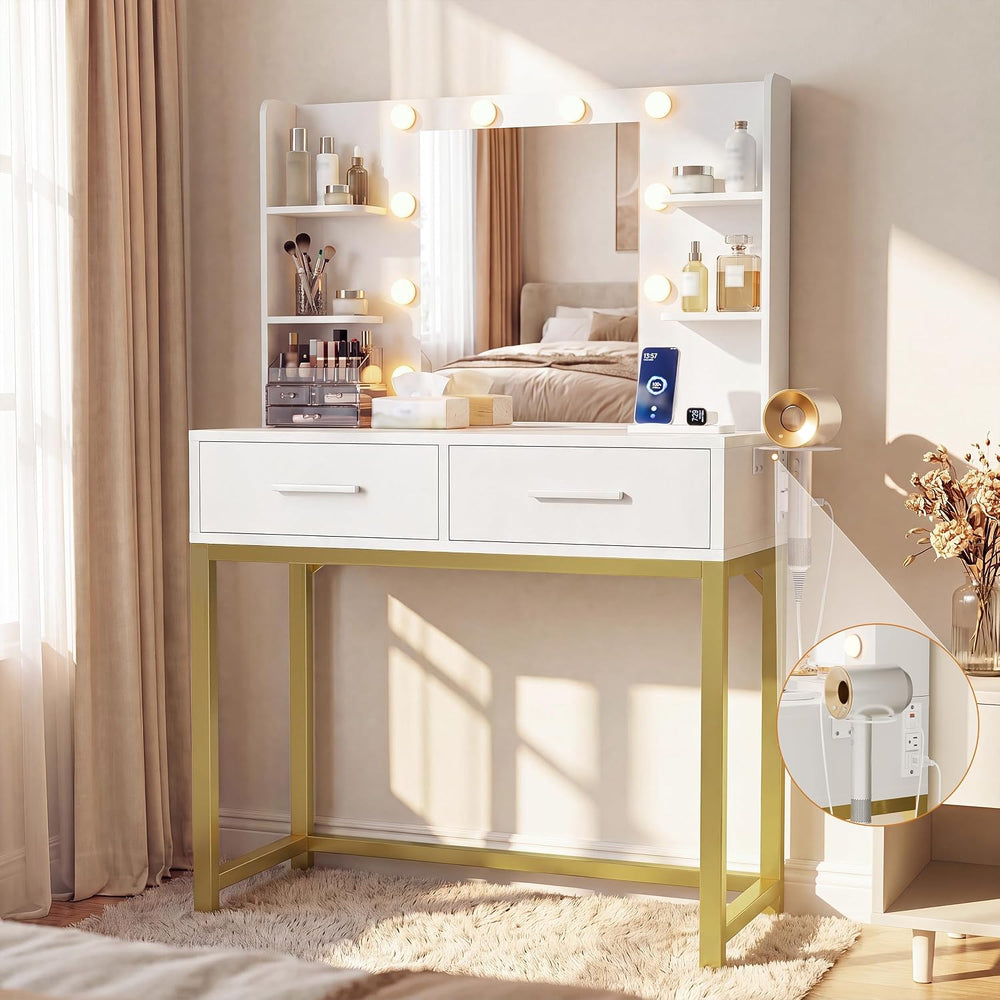 YESHOMY 31.5'' Small Vanity Desk with LED Mirror and Lights, White | ...