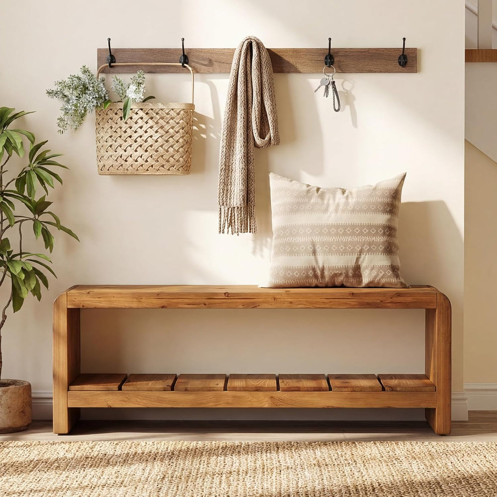 Solid Wood Entryway Bench with Shoe Storage, 59.06-Inch Long Shoe Bench with ...