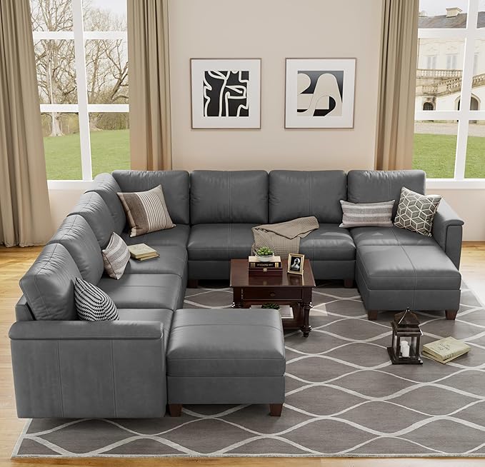 SITJOY 118" Faux Leather Modular Sectional Sofa with Storage, Mid Century Modern Sectional Couches for Living Room, Soft Padded Armrests, 9 Seat V-Shaped Sectional Couch, Gray