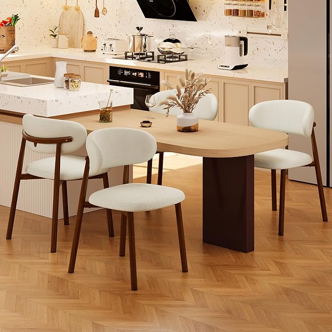 Kitchen Dining Chairs Set of 6 Modern Soft Linen Farmhouse Dining Room Chair with Metal Legs, Beige/Walnut