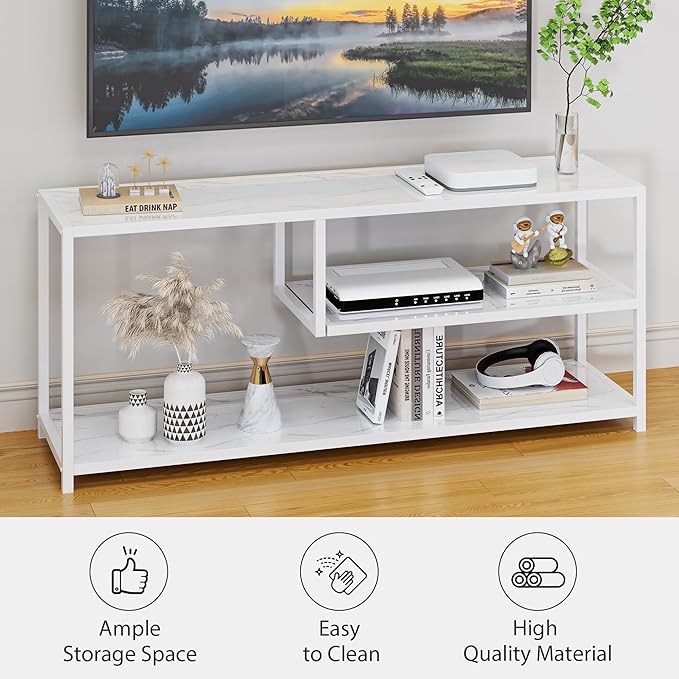 Function Home TV Stand for TVs up to 55 Inch, 3 Tier Entertainment Center, Media Console with Open Storage Shelves for Living Room Bedroom, 47” Modern TV Table with Wood Top White Metal Legs