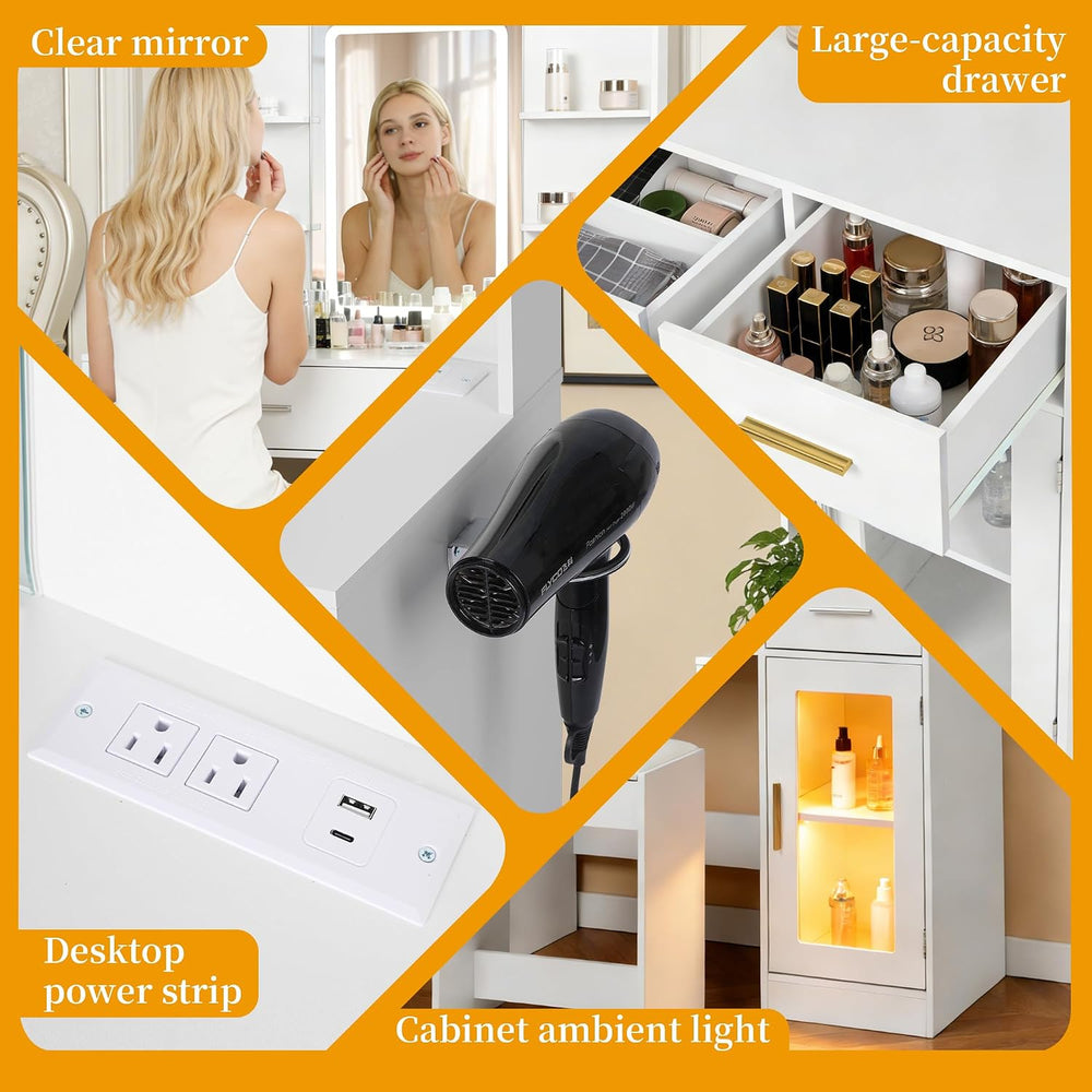 White LED Vanity Table with Three-Color Adjustable Light HD Mirror, USB Charg...