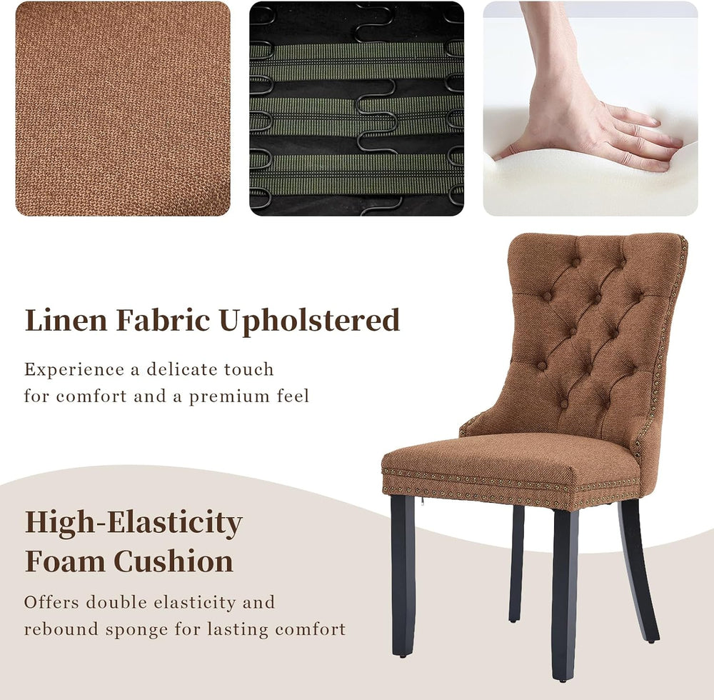 Linen Upholstered Dining Chairs Set of 6, Espresso Brown Mid Century Modern D...