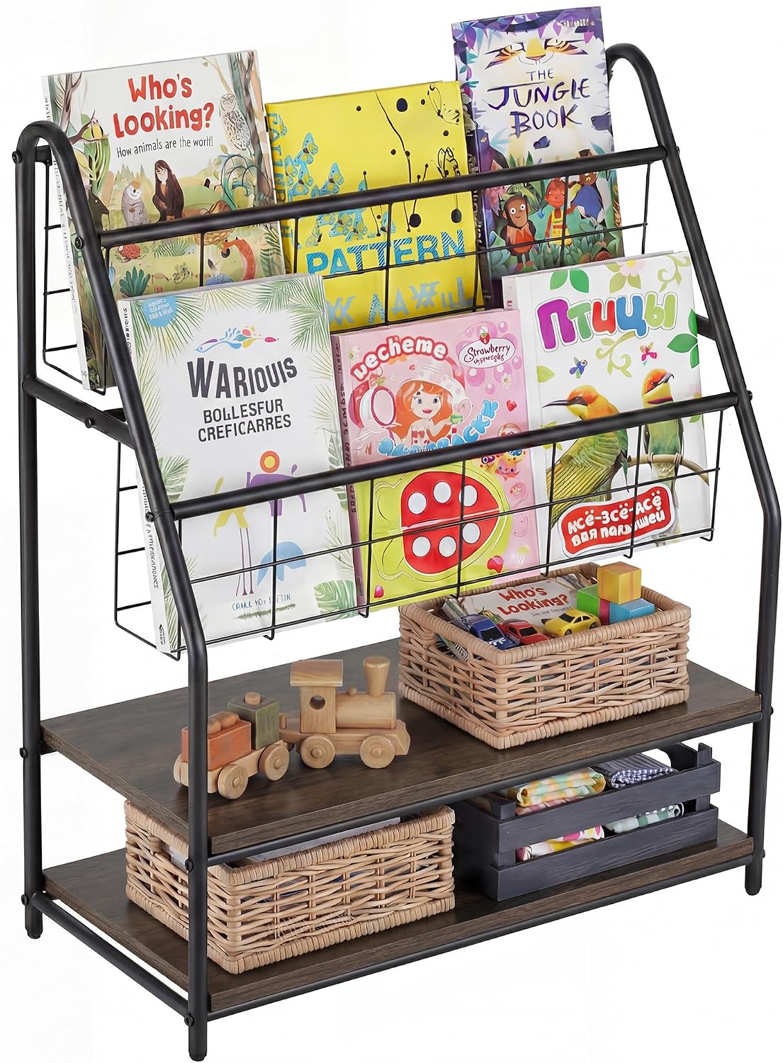 VECELO Kids Front Facing Book Shelf, 2 Tier Toddler Book Display Storage Rack, Metal Wood Freestanding Children Bookcase with Toy Organizer Bin Space for Nursery Playroom Bedroom Daycare