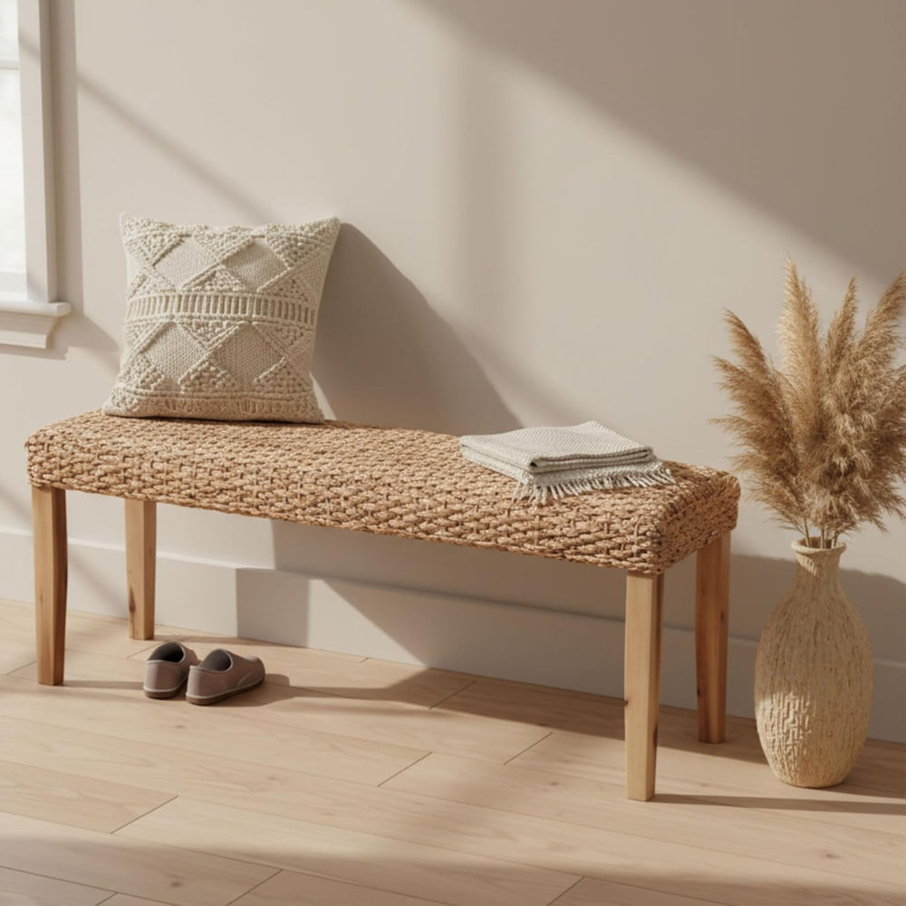Indoor Wicker Bench 47" Solid Wood Acacia & Natural Woven Seat, Natu...