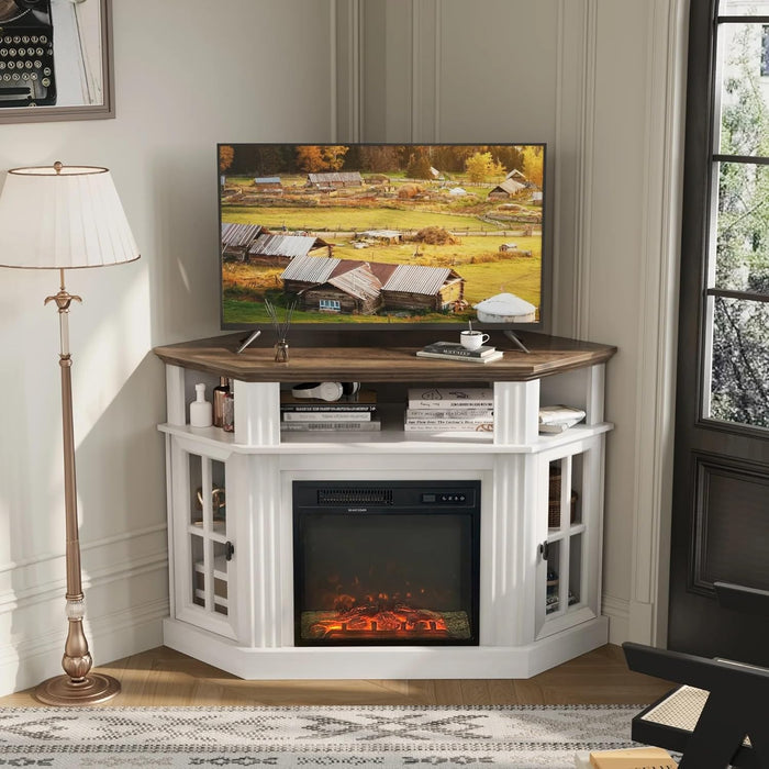 Flamaker Corner Fireplace TV Stand for TVs up to 55 Inch, White | Entertainment Center with 18 Inch Fireplace, Glass-Door Storage Cabinet, Open Shelf, Space-Saving Corner Design
