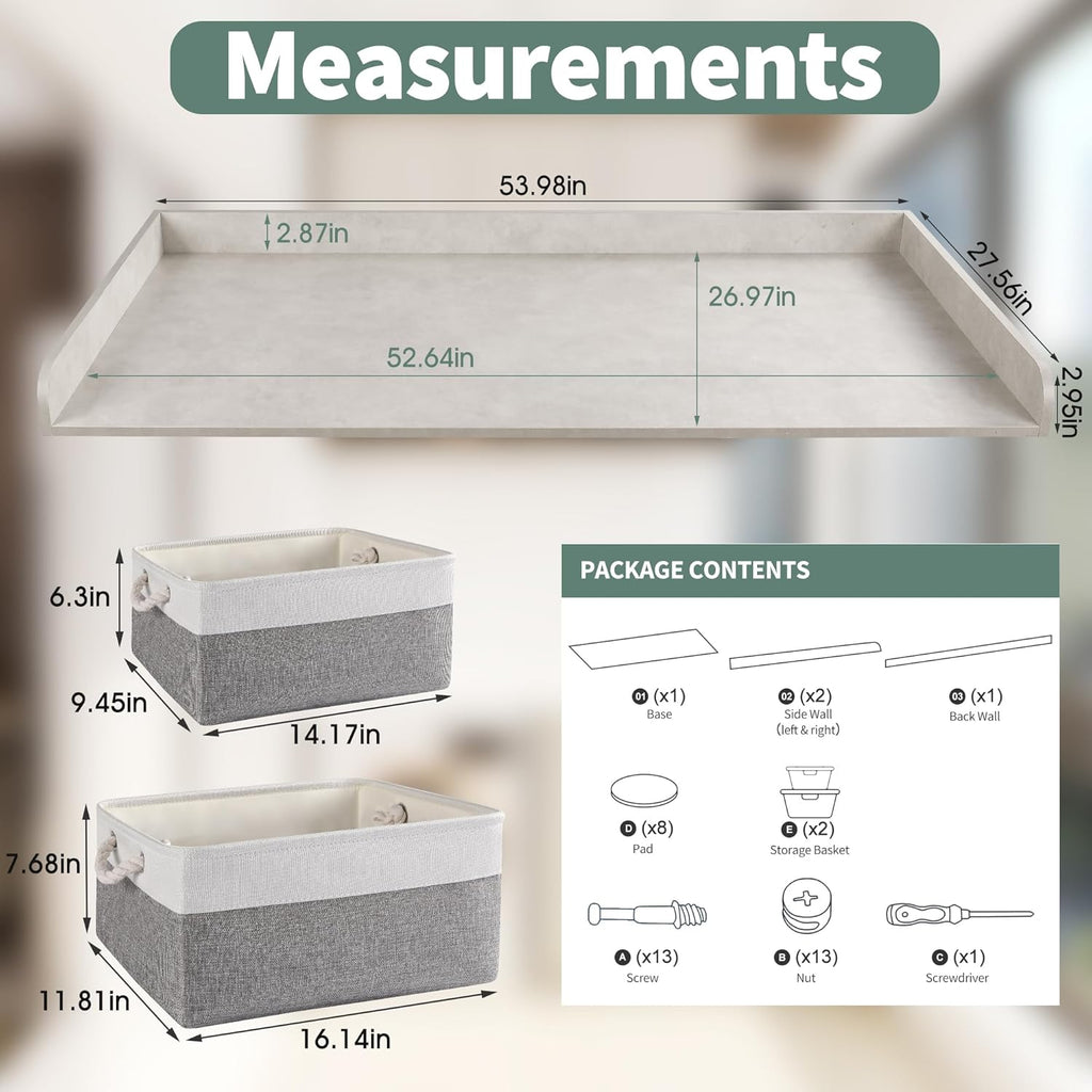 Washer Dryer Countertop with 2 Pack Storage Baskets, Wood Washer and Dryer Countertop with Non-Slip Pads/Edge Rails for Laundry Room Storage and Organization, 27.5" W x 54" L(Light Grey Marble)