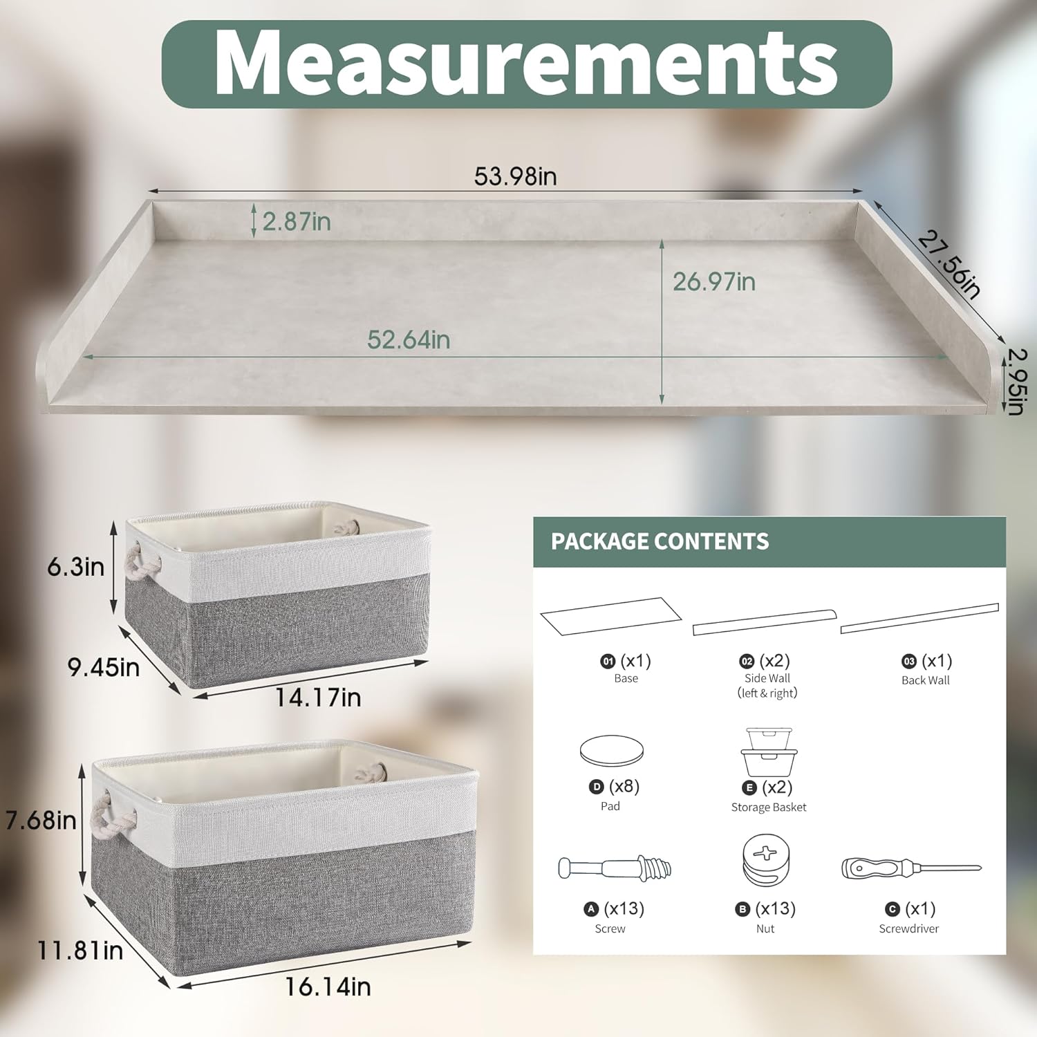 Washer Dryer Countertop with 2 Pack Storage Baskets, Wood Washer and Dryer Countertop with Non-Slip Pads/Edge Rails for Laundry Room Storage and Organization, 27.5" W x 54" L(Light Grey Marble)