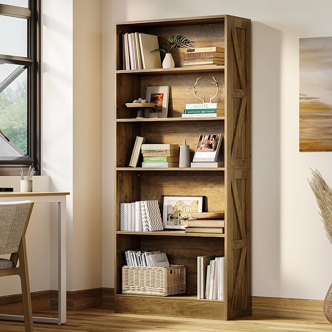LITTLE TREE 5-Tier Tall Bookcase, 70.8" Farmhouse Wooden Open Bookshelf, Standing Display Shelves for Living Room, Bedroom, Home Office, Rustic Brown