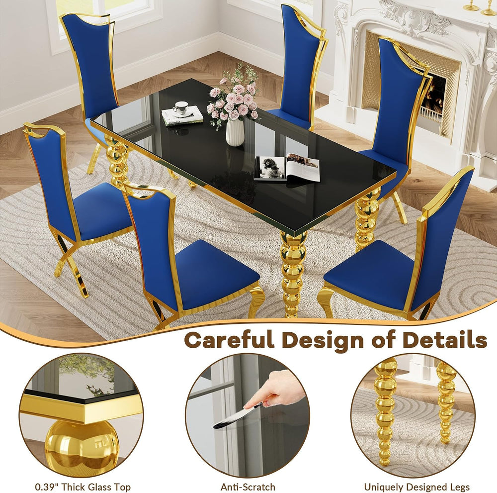 Dining Room Table Set for 6, 70 Inch Elegant Black Glass Kitchen Tabletop wit...