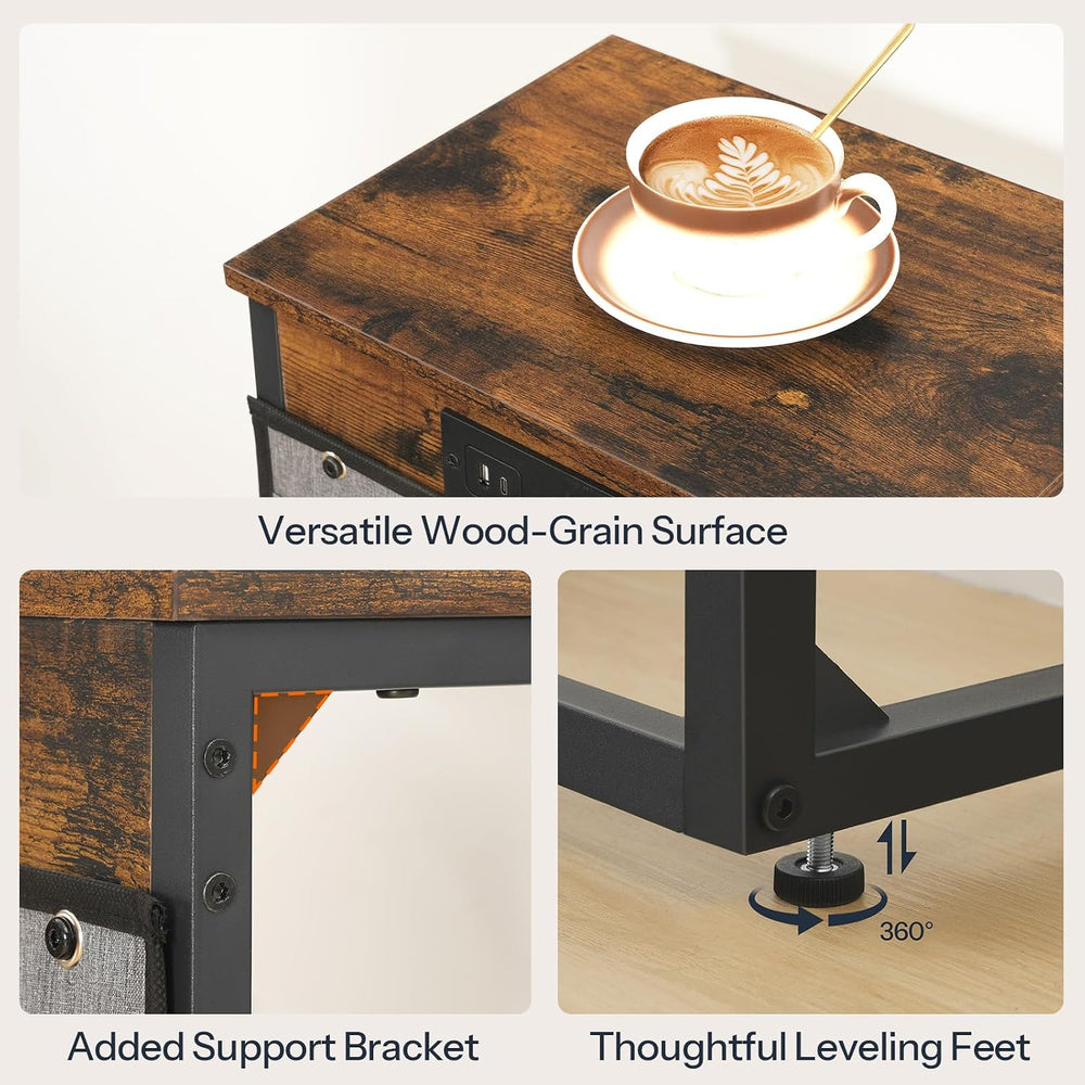 HOOBRO C Shaped End Table with Charging Station, 30” Adjustable Height Sofa S...