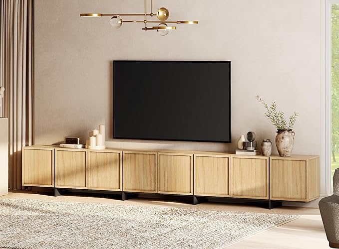 WAMPAT Modern TV Stand for 32-110 inch TVs, Wood Entertainment Center with Storage Cabinets, Media TV Console Table for Living Room, Oak