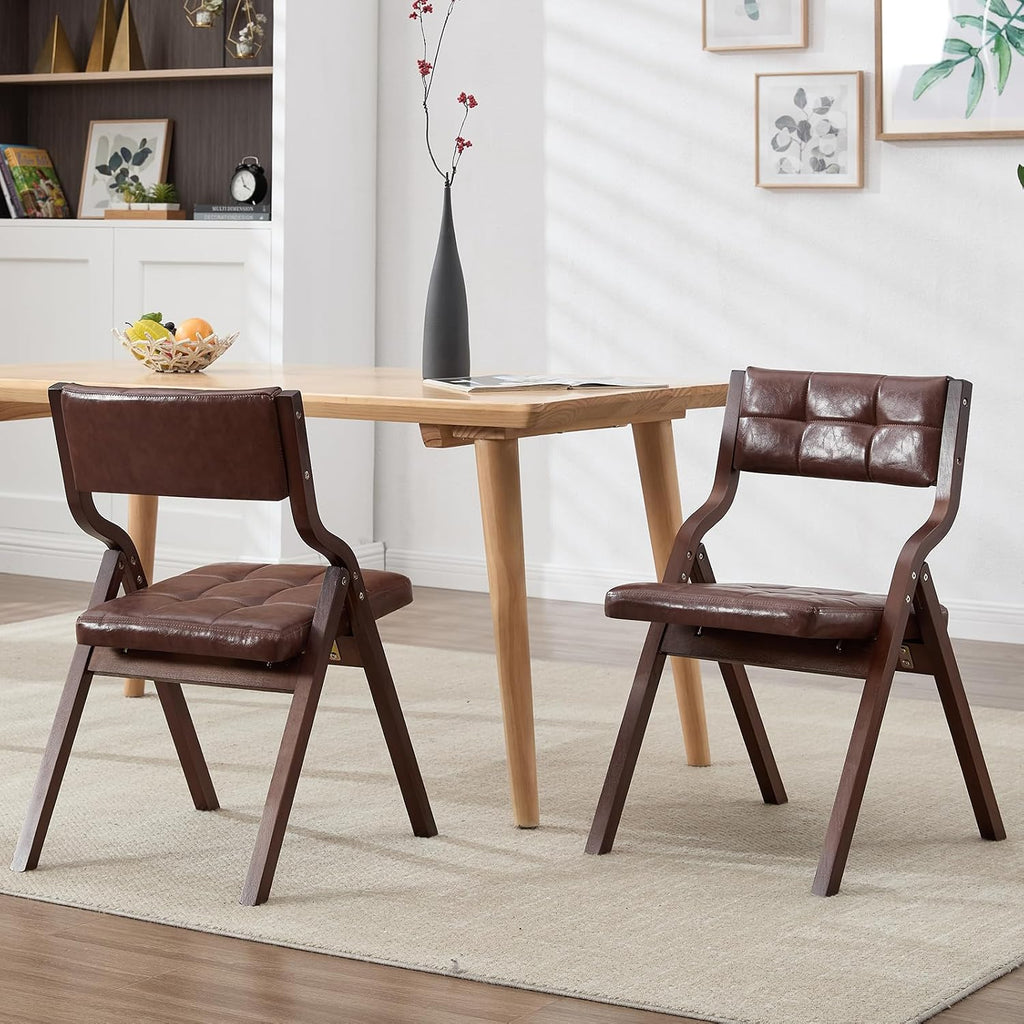 2-Pack Folding Dining Chairs with Cushion,Faux Leather Padded Foldable Dining Chairs,Portable Wooden Folding Chairs for Dining Rooms Kitchen Wedding and Party Indoor Brown