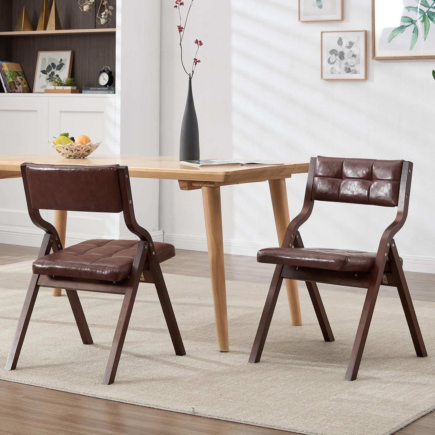 2-Pack Folding Dining Chairs with Cushion,Faux Leather Padded Foldable Dining Chairs,Portable Wooden Folding Chairs for Dining Rooms Kitchen Wedding and Party Indoor Brown