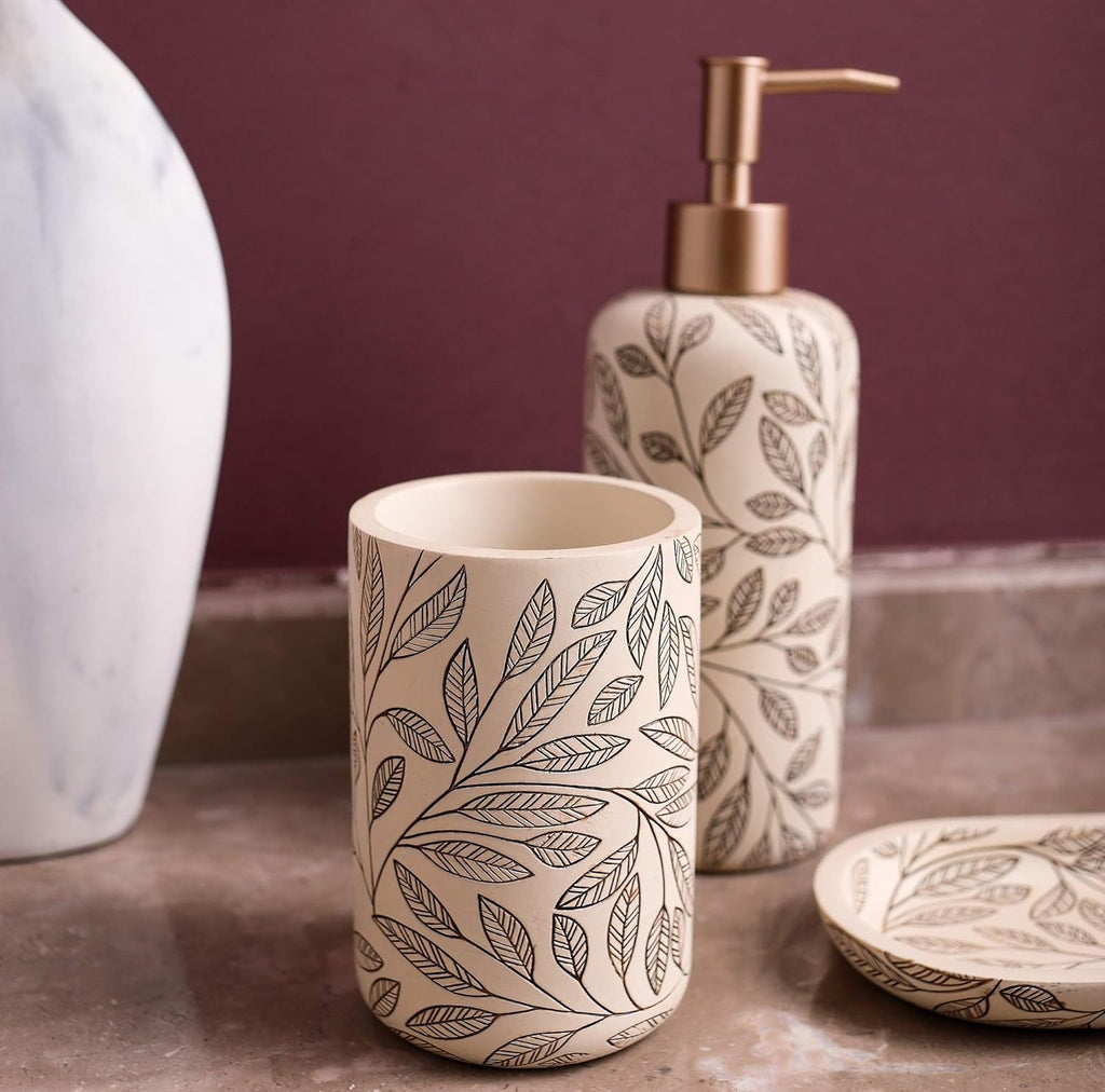 Hymmah Bathroom Accessories Set,Toothbrush Holder,Farmhouse Bathroom Decor,4 Pcs Resin Gift Set Apartment Necessities, Contain Toothbrush Cup,Soap Dispenser,Soap Dish,Tumbler