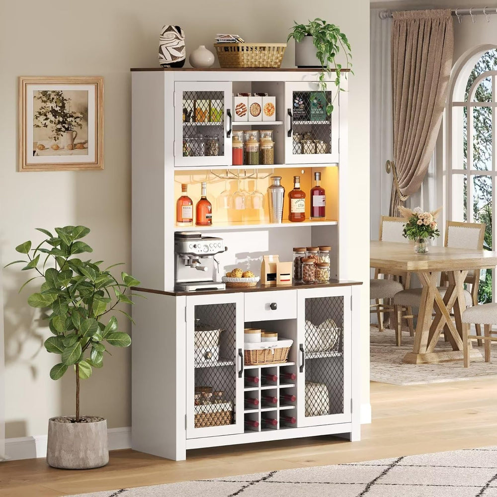 DRIXNO 70.9" White Kitchen Pantry Cabinet with RGB LED Lights & Char...