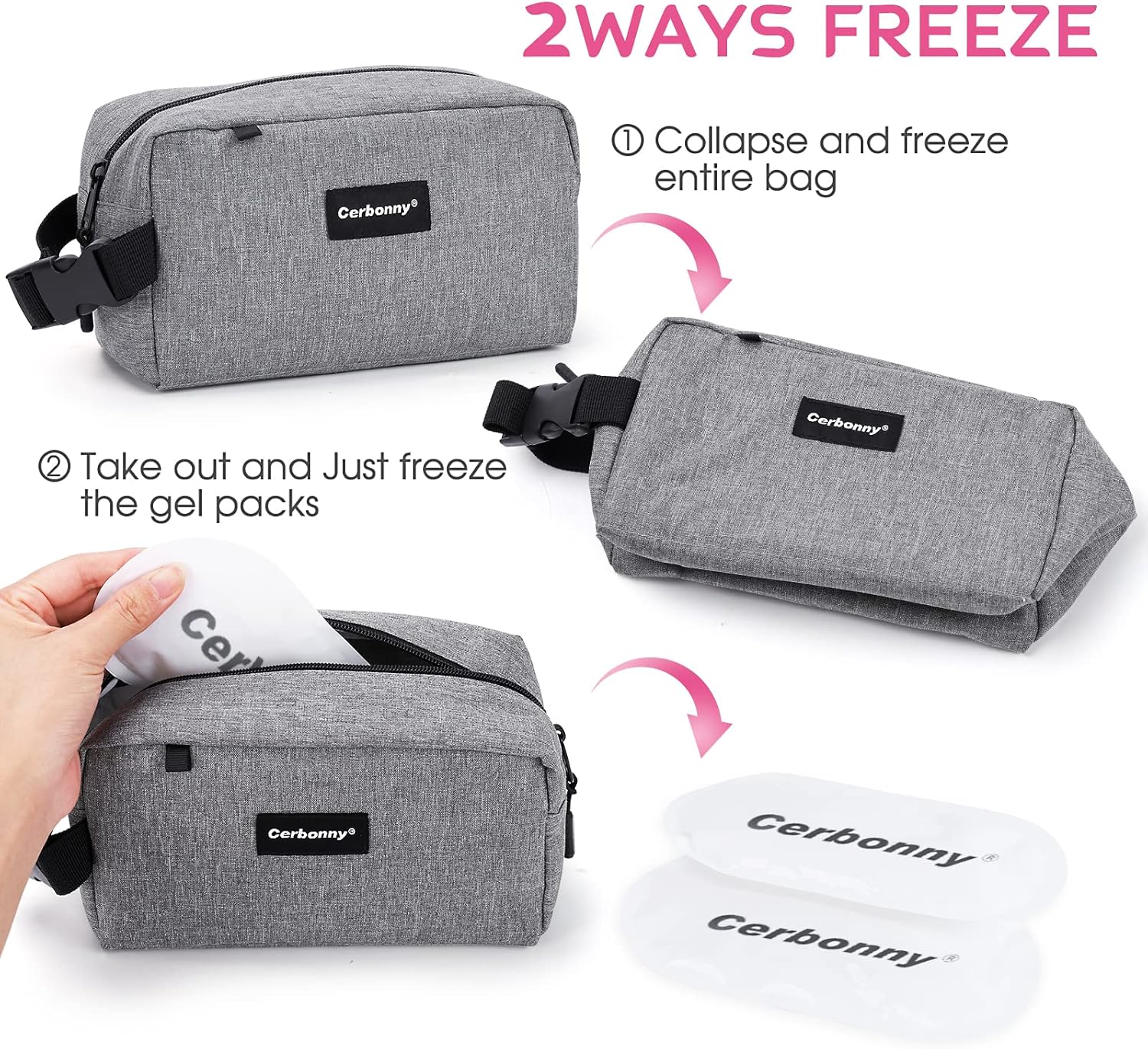 Cerbonny Cooler Bag Freezable Lunch Bag for Work School Travel,Leak-proof Small Lunch Bag,Small Insulated Bag For Kids 3+/Adults,Freezer Lunch Bags,Freezable Snack Bag,Grey